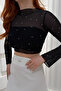 Women's Black Crew Neck Stoned Tulle Crop Blouse Jf26 - 6