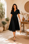 Flexible Crepe Fabric Padded Double Breasted Collar Midi Length Skirt and Sleeves Black Evening Dress with Black Lace 77164 - 6