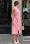 Pink Vio Polo Collar Zero Sleeve Waist Draped Buttoned Women's Midi Dress