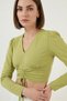 Women's V-Neck Gathered Waist Puff Sleeve Green Blouse - 4