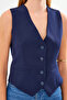 Women's V-Neck Regular Belted Short Sleeve Navy Blue Vest - 7