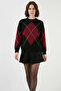 Women's Round Neck Oversize Diamond Patterned Knitwear Black Sweater - 4