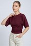 Burgundy Crew Neck Gathered Waist Bat Sleeve Crop Blouse - 4
