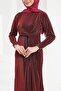 Burgundy Front Detailed Stoned Evening Dress - 3