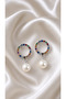 Colorful Stone and Pearl Silver Color Earring Pair 4 cm - 2