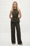 Women's Giselle Halter Neck Tie Blouse Elastic Waist Pants Woven Khaki Bottom Top Set - 3