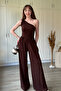 One-Shoulder Detailed Sandy Fabric Draped Brown Jumpsuit