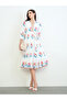 White Floral Tiered Midi Dress with Tie-Belt - 2