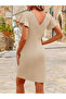 Women's Long Sleeve Ruffled Double-Breasted Collar Side Ruched Imported Crepe Dress - 2