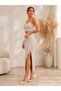 Women's Sleeveless Strappy Crop Top Slit Midi Skirt Ribbed Camisole Beige-Set, Crop-Skirt Bottom Top Set - 2