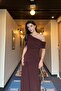 Off-Shoulder Brown Imported Sandy Dress - 3