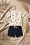 Boy's 100% Cotton Summer Combination Set - Navy Blue Bucket Hat, Sea-Themed T-Shirt and Shorts Set - 3