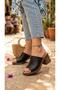 Black Leather Heeled Women's Daily Slippers