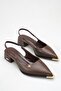 Brown Women's Pointed Toe Gold Detailed Open Back Low Thick Heeled Shoes