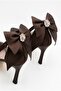 Women's Stoned Bow Detailed Ankle Strap Stiletto Pointed Toe Thin Heeled Bitter Coffee Satin Evening Dress Shoes - 8