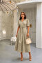 Women's Beige and White Gingham Patterned Vintage Style Belted Midi Length Shirt Dress