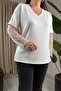 Women's Plus Size V-Neck Sleeve Lace Piece Long Sleeve Side Slit Stretchy Blouse - 7