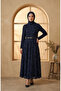 Flock Printed Belted Hijab Dress 5733-02 Navy Blue - 2