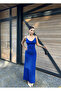 Blue Slit Detail Drape Collar Long Dress - 2