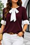 Women's Short Sleeve Crew Neck Bow Sleeves Ruffle Janjan Crepe Blouse