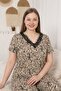 Mooda Women's Large Size 100% Viscose Leopard Patterned Lace Detailed V-Neck Lycra Viscose Capri Pajama Set - 4