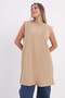 Beige-Plus Size Collared Sleeveless Lycra T-Shirt