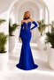 Cobalt Blue Sparkling Bead Detailed Chest-Cut Long Evening Dress 583414 - 5