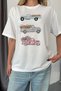 Women's crew neck t-shirt with stone embellishments and car print - white - 5205 - 2