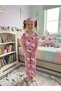 Girl's Cotton Pink Cute Character Patterned Shirt Collar Buttoned Short Sleeve Pajama Set