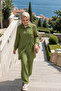 Women's Buttoned Belted Strawberry Fabric Tunic Trousers Khaki Double Set - 4