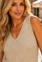 Women's Set Front and Back V-Neck Sleeveless Shorts Elastic Tie Glitter Beige Knitwear Blouse Shorts Two-Piece Set - 2