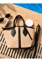 Women's Black Faux Leather Detailed Zippered Straw Textured Hand and Shoulder Bag