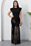 Crew Neck Skirted Dress with Lace and Buckle Detail K-251619