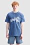 Bennett Loose Fit Crew Neck Printed 100% Cotton Men's Navy Blue T-Shirt