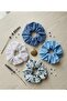 Women's Set of 4 Blue and White Gingham Polka Dot and Floral Patterned Fabric Scrunchies