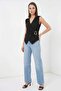Women's V-Neck Belted Zero-Sleeve Black Blouse - 2