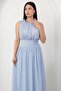 Crew Neck Waist Gathered Chiffon Dress K-261639 - 2