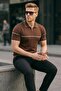 Men's Striped Casual Brown Polo Neck T-Shirt - 4