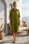 Pine Green Shirt Collar Buttoned 3/4 Sleeve Hidden Pocket Casual Oversize Woven Dress 115 70 - 7