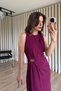 Plum Color Gathered Waist Dress with Buckle Detail and Slit - 3