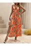 Women's Halter Neck V-Neck Slit Long Patterned Single Jersey Dress with Rope Straps - 5