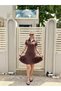 Women's Brown Collared Half-Zippered Pleated Midi Cotton Dress - 4