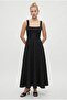Women's Füsun Back-Tie Square Neck Woven Long Polka Dot Black Dress - 2