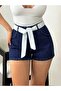 Women's Navy Blue Belted Mini Denim Shorts with Belt Detail - 2