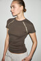 Katena women's soft and flexible fabric round neck button detailed slim fit brown t-shirt