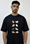 Cartoon Cats Design Printed Oversize Black T-Shirt