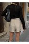 Beige High Waist Rope Belt Detailed Pleated Women's Shorts - 3