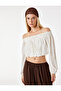 Viscose Crinkle Fabric Gipeli Long Balloon Sleeves Sequin Embroidery Detailed Off-The-Shoulder Crop Blouse