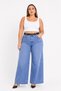 Plus Size Denim High Waist Belted Front Pocket Detailed Wide Leg Women's Trousers