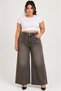 Plus Size Denim High Waist Women's Pants with Stone Detail on Front Pocket and Stone Detail on Wide Legs